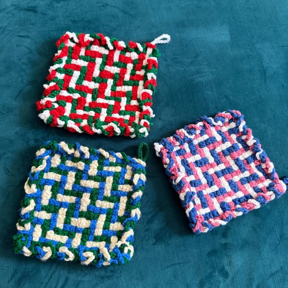 Other - Vintage Hand Crocheted/Woven Potholders Trivets Set 3 Multi Color Cotton Loops
